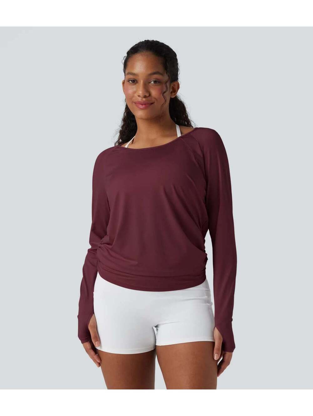 Halara Cut-out Back Thumb Hole Ruched Relaxed Yoga Sports Top Size Large - Picture 2 of 8